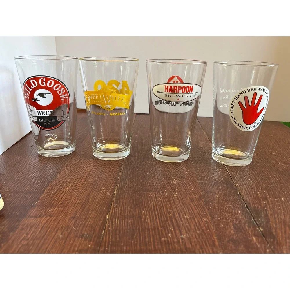 Mixed Craft Beer Pint Glass Set 4pc Wild Goose SweetWater Harpoon Left Hand Brew